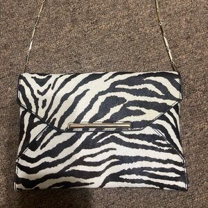Zara Black & White Zebra-Print Envelope Clutch with Gold Chain
